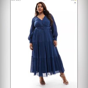 ASOS Curve Navy Long Sleeve Maxi Dress Micro Pleat Wedding Feminine Size 18